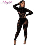 Sexy Night Party Club Black Lace Sheer Mesh Jumpsuit Women Casual Bamboo Leaf O Neck Long Sleeve Bodycon Rompers Female Overalls