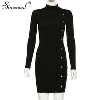 Simenual Ribbed Button Women Mini Dresses Long Sleeve Autumn Winter Fashion Solid Bodycon Dresses Solid Skinny Basic Slim Cloth