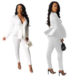 Solid Women Blazer Two Piece Set Casual V Neck Long Sleeve Ruffle Hem Blazer Coat Jacket Top Long Pants Suit Office Lady OL Set