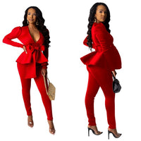 Solid Women Blazer Two Piece Set Casual V Neck Long Sleeve Ruffle Hem Blazer Coat Jacket Top Long Pants Suit Office Lady OL Set