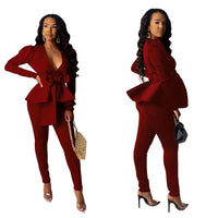 Solid Women Blazer Two Piece Set Casual V Neck Long Sleeve Ruffle Hem Blazer Coat Jacket Top Long Pants Suit Office Lady OL Set