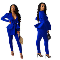 Solid Women Blazer Two Piece Set Casual V Neck Long Sleeve Ruffle Hem Blazer Coat Jacket Top Long Pants Suit Office Lady OL Set