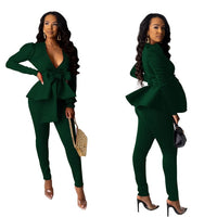 Solid Women Blazer Two Piece Set Casual V Neck Long Sleeve Ruffle Hem Blazer Coat Jacket Top Long Pants Suit Office Lady OL Set