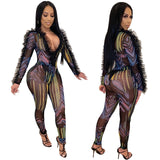 Sexy Night Party Club Black Lace Sheer Mesh Jumpsuit Women Casual Bamboo Leaf O Neck Long Sleeve Bodycon Rompers Female Overalls