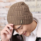 Men's Fashion Winter Beanies Bonnet Knitted Hat Soft Solid Braid Warm Cap Plus velvet knitted hat jacquard Clothing Accessory