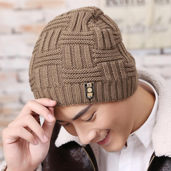 Men's Fashion Winter Beanies Bonnet Knitted Hat Soft Solid Braid Warm Cap Plus velvet knitted hat jacquard Clothing Accessory