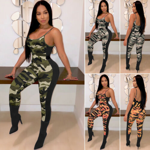 Hot Sale Stylish Women's Camouflage High-waist Sling Sleeveless Backless V-neck Bodycon Jumpsuits Lady Summer Casual Cloth S-XL